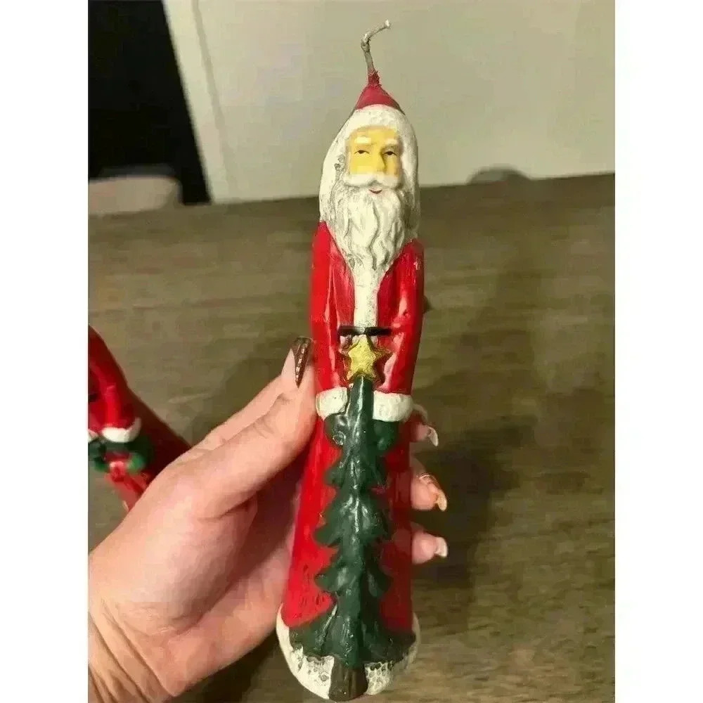 Vintage Set of 3 tall Santa Folk Art Wax Holiday Candles Christmas - Picture 4 of 8